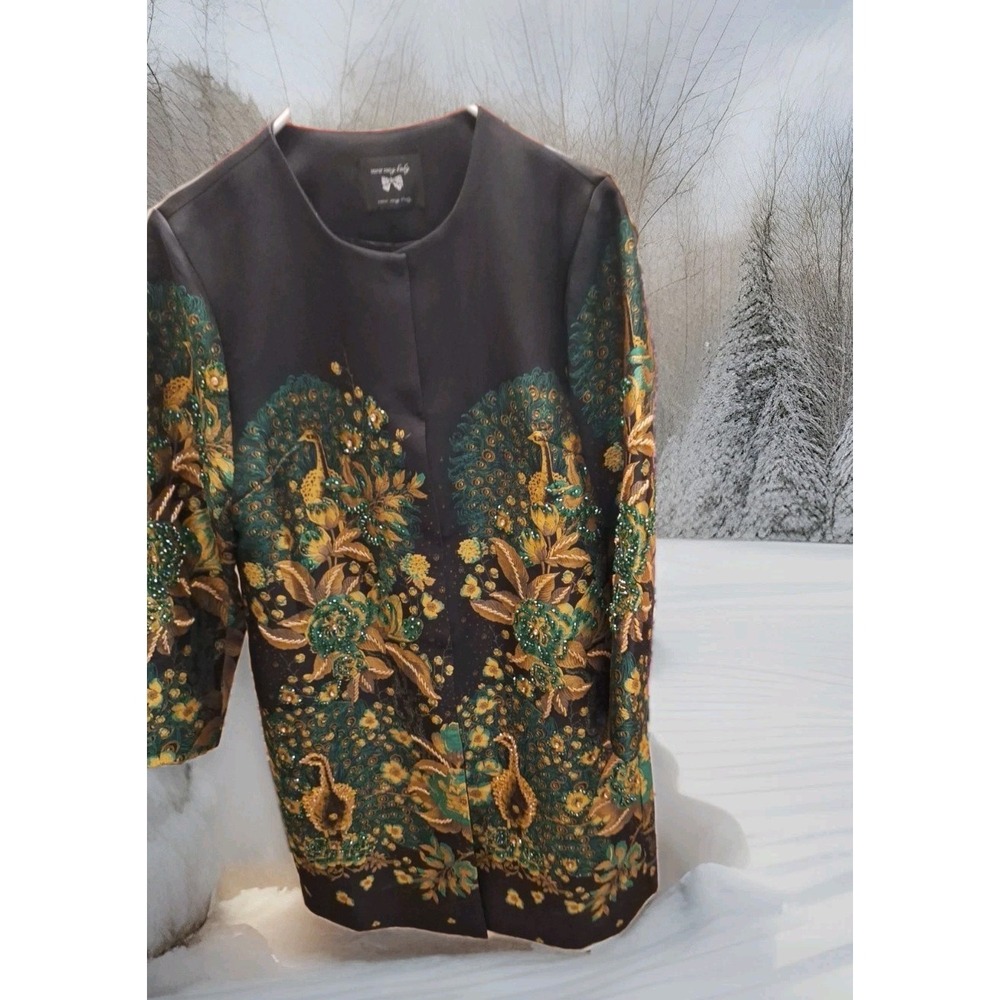 Vintage Asian Floral Peacock Glass Beaded Womens L Jacket3/4 Sleeve Lined Jacket